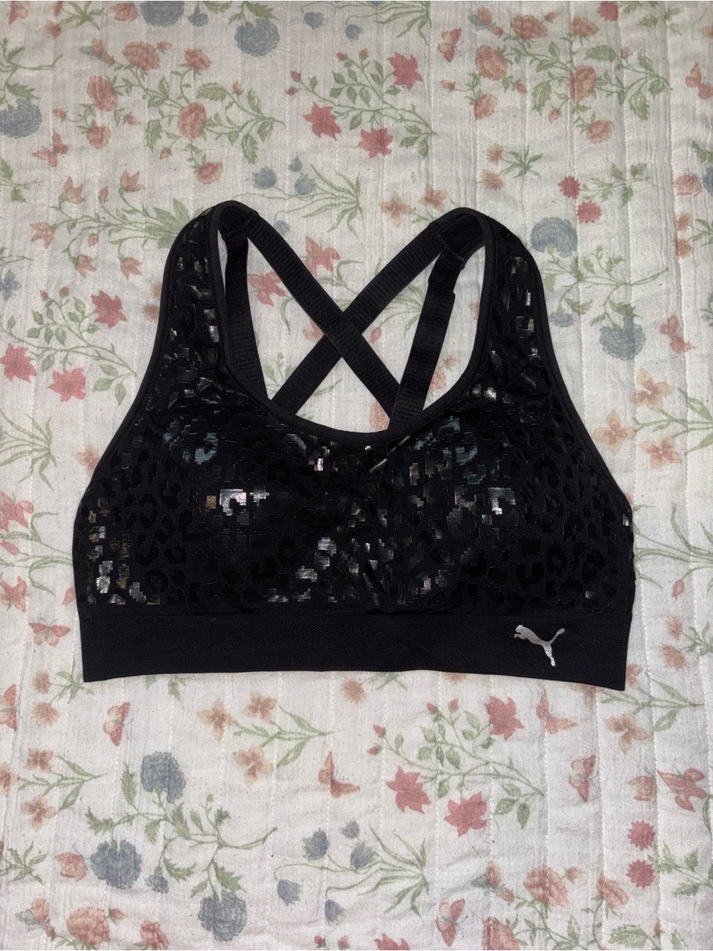 Puma Black Sequin Leopard-Print Cross-Back Sports Bra
